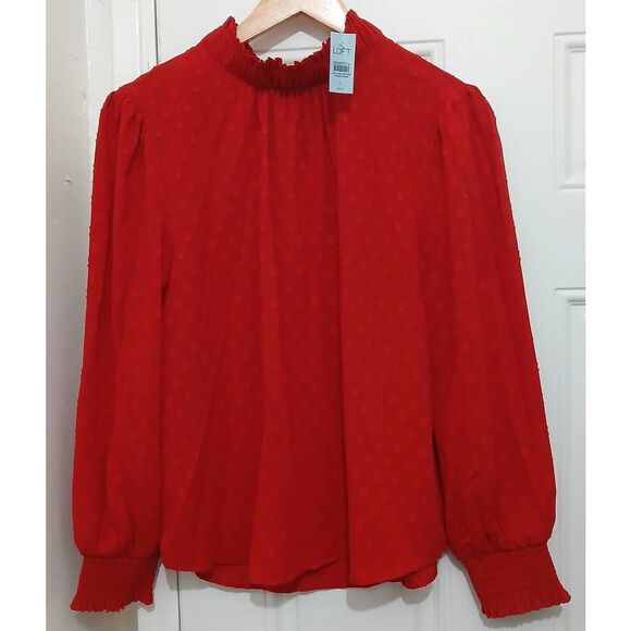 Ann Taylor womens large petite red swiss dot blouse top - Picture 1 of 7